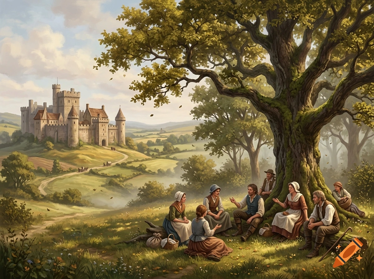 Oil painting style landscape showing a castle in the distance and villagers 19th century style chatting under a large oak tree.