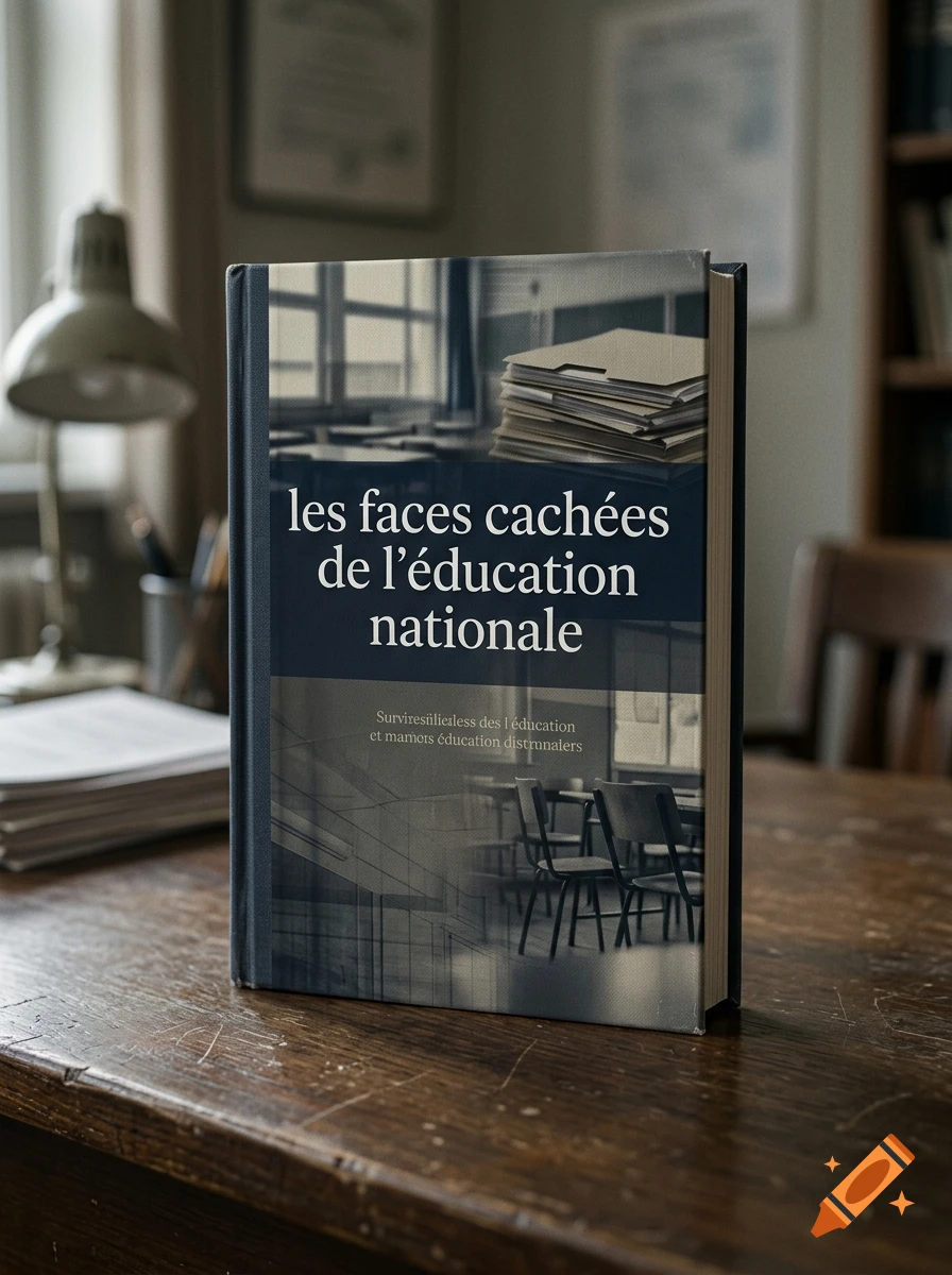 Close-up photorealistic shot of a book with French text standing upright on a wooden desk.