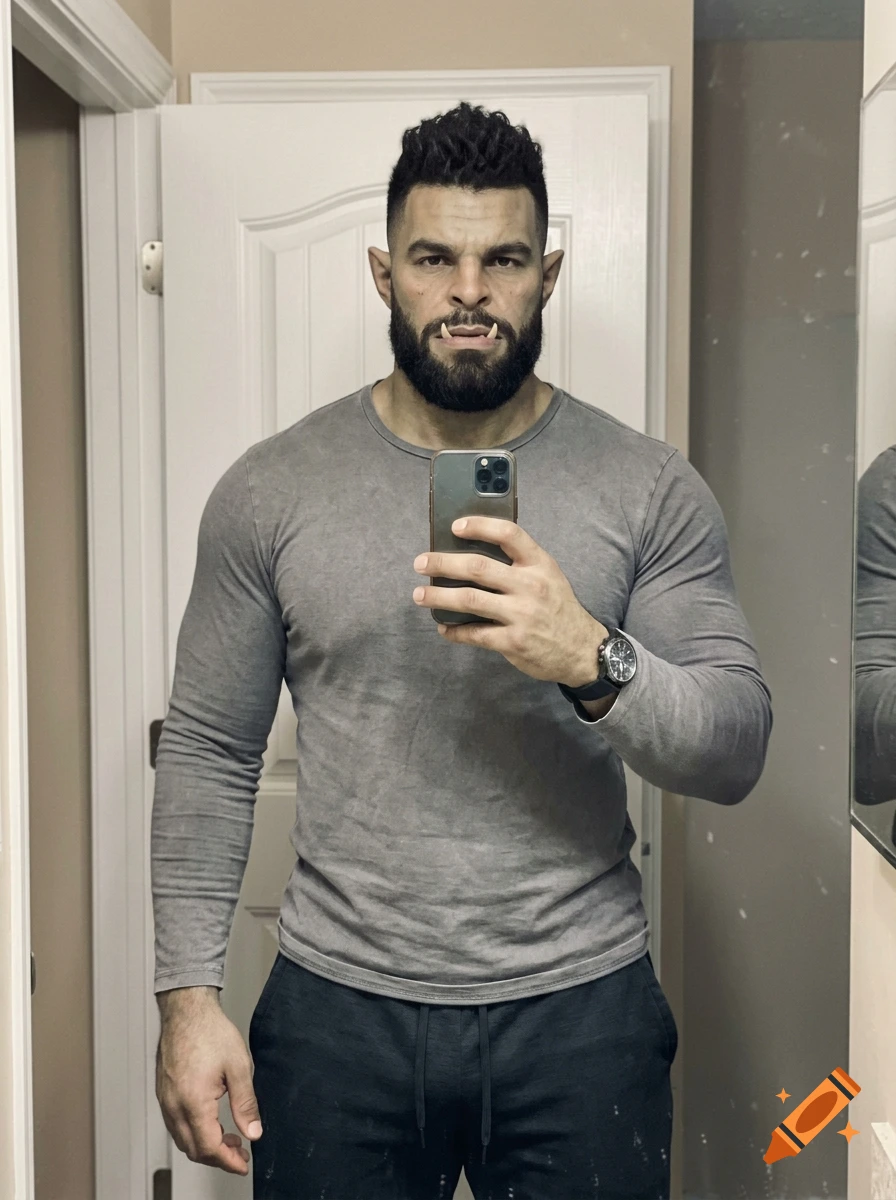 A man with prosthetics resembling orc tusks and pointed ears taking a mirror selfie in a bathroom.