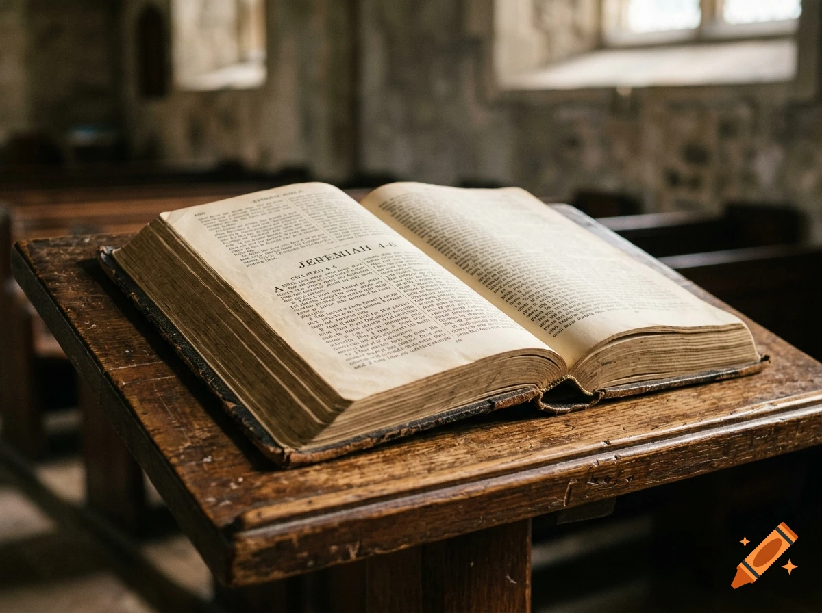 An open old book, showing text from Jeremiah 4-6, resting on a wooden lectern inside a church.