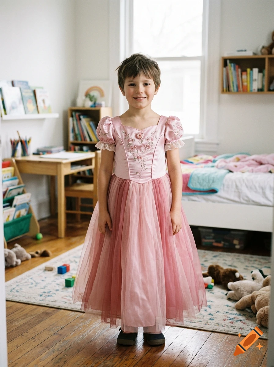 A young boy smiling while wearing a pink princess dress in a child's bedroom.