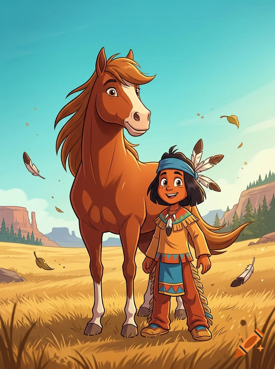 Cartoon illustration of a young indigenous boy smiling next to a brown horse in a grassy plain under a clear sky.