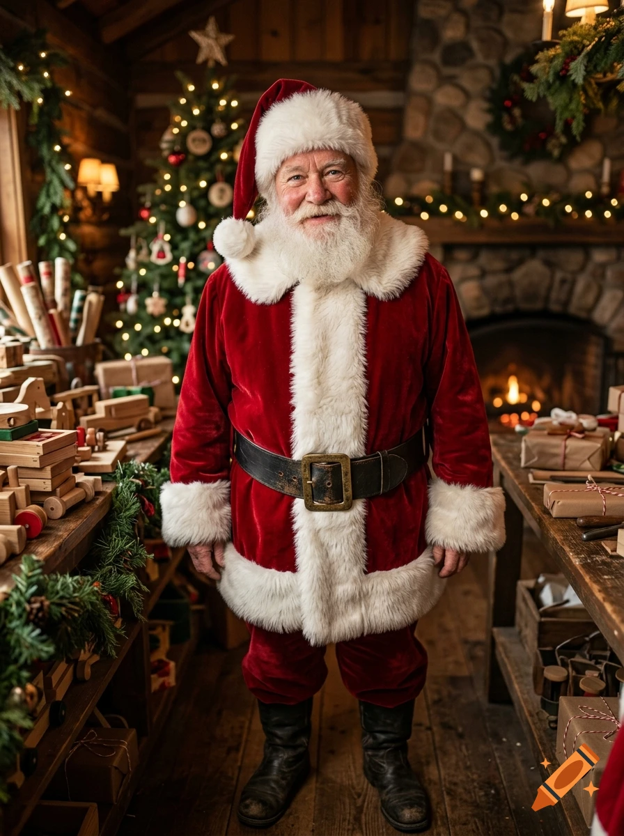 Santa Claus standing in a workshop with wooden toys and a Christmas tree.