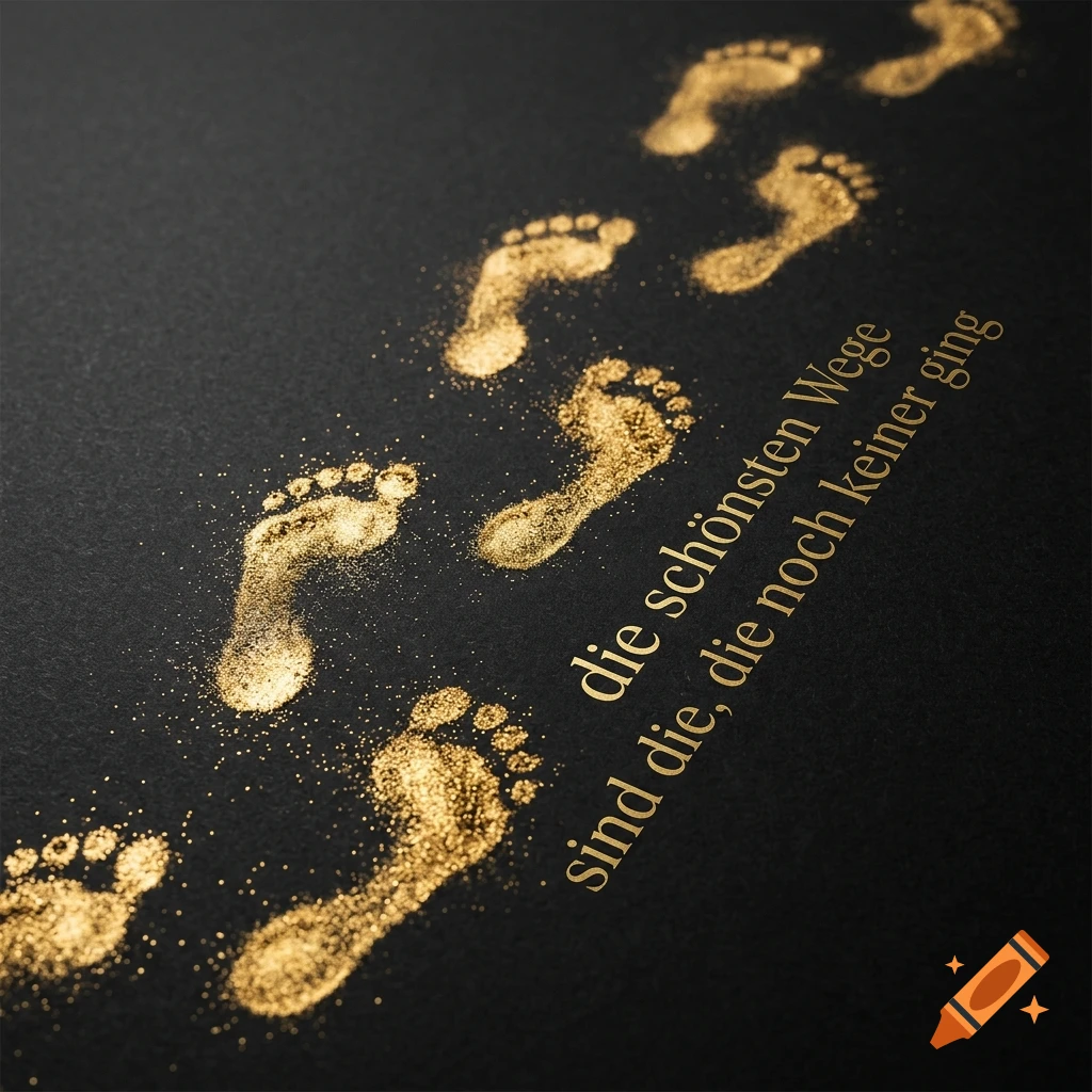 Footprints made of gold glitter on a black textured background with German text.