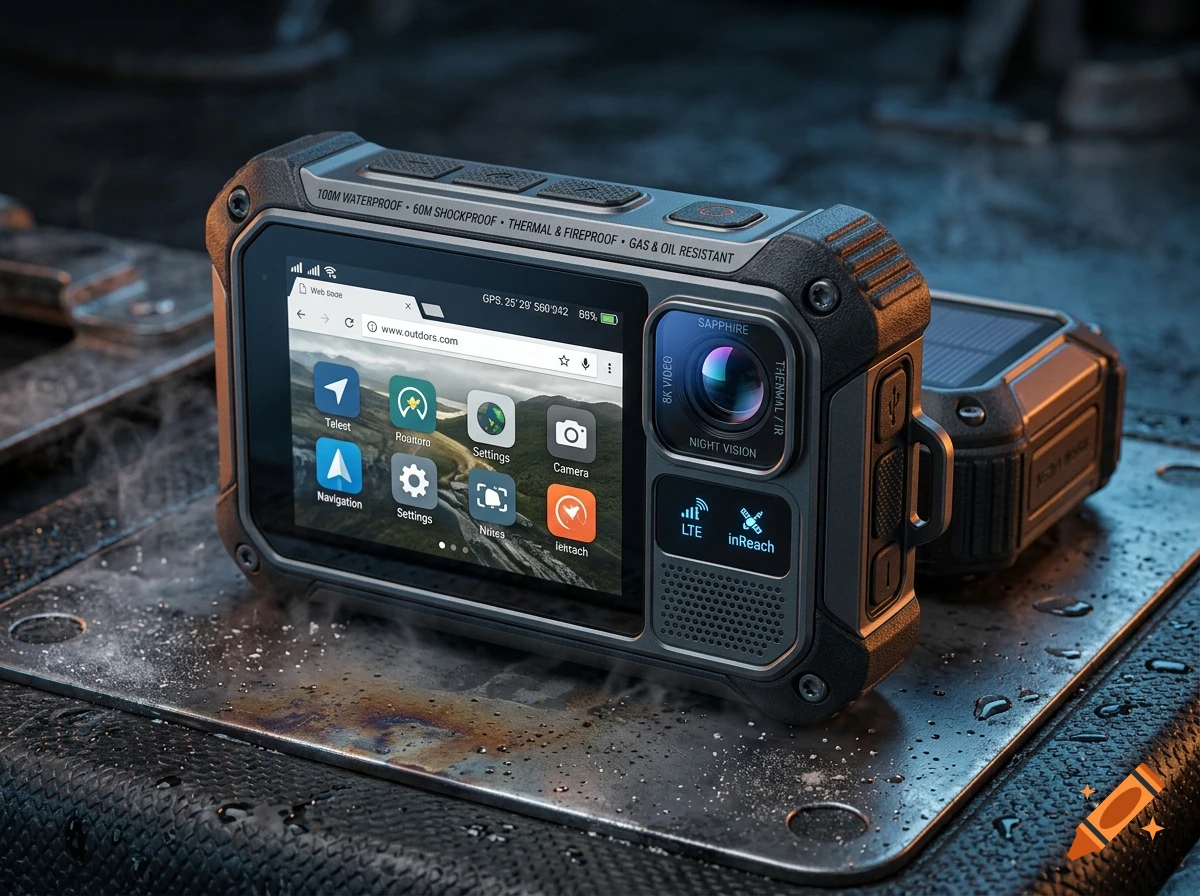 Close-up photorealistic shot of a rugged, waterproof multi-tool device with a touch screen displaying navigation apps on a metal surface.
