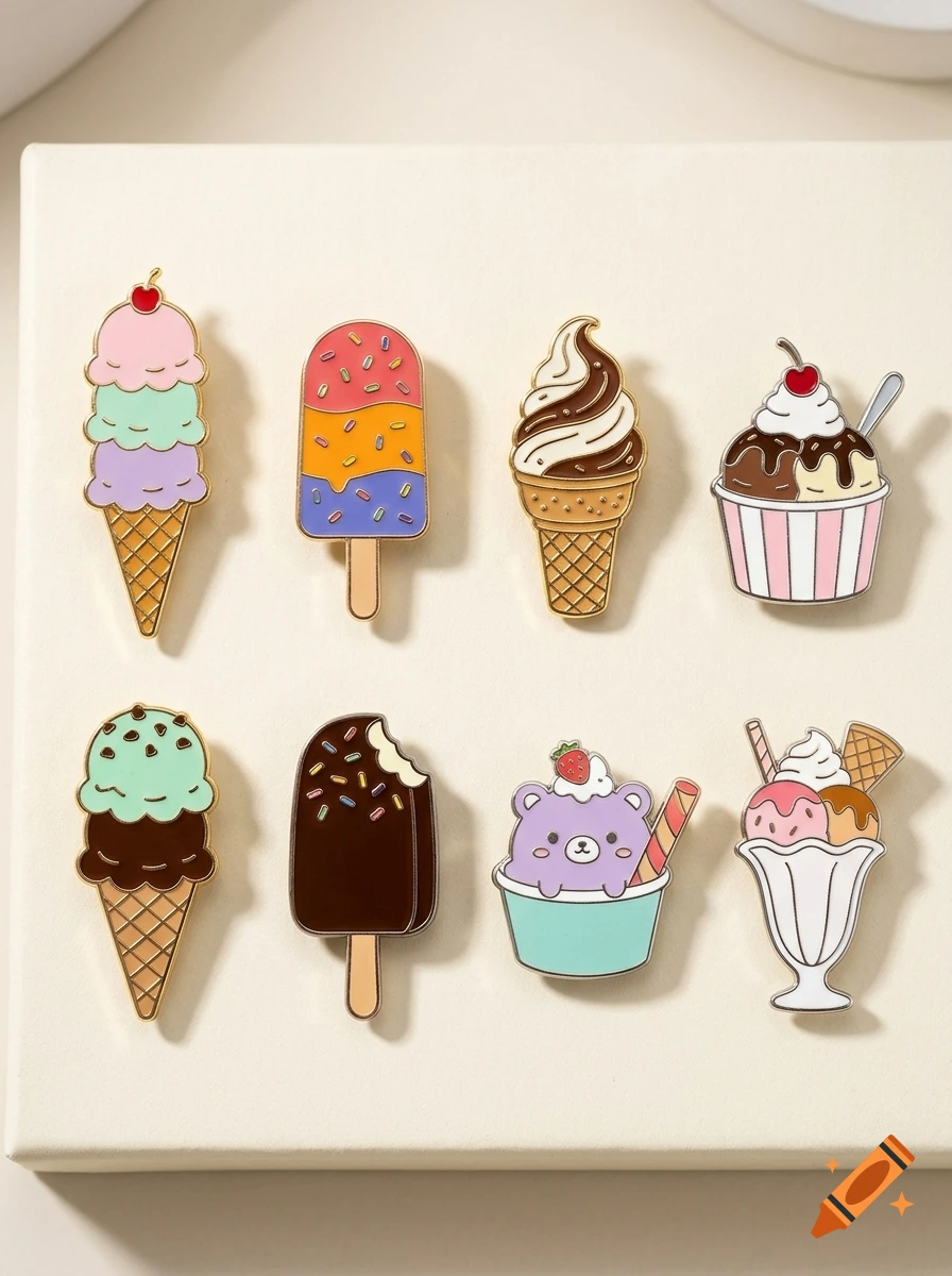 Eight different enamel pins shaped like various ice cream cones, popsicles, and sundaes on a white board.
