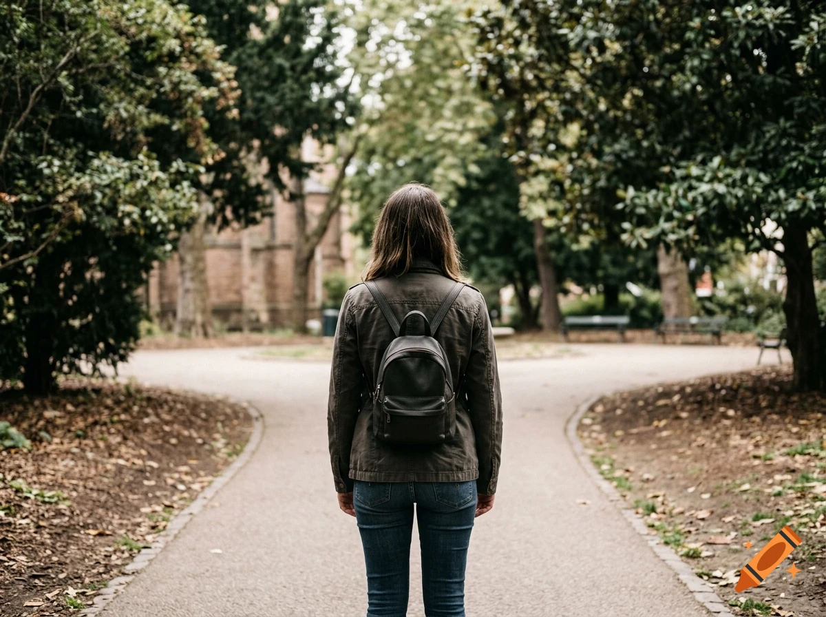 A person with a backpack stands facing away on a park pathway surrounded by trees.