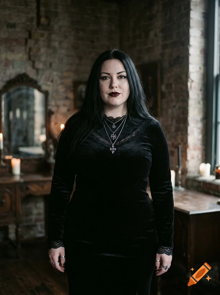 Photorealistic portrait of a goth woman with long black hair wearing a black dress and necklaces in an industrial room.