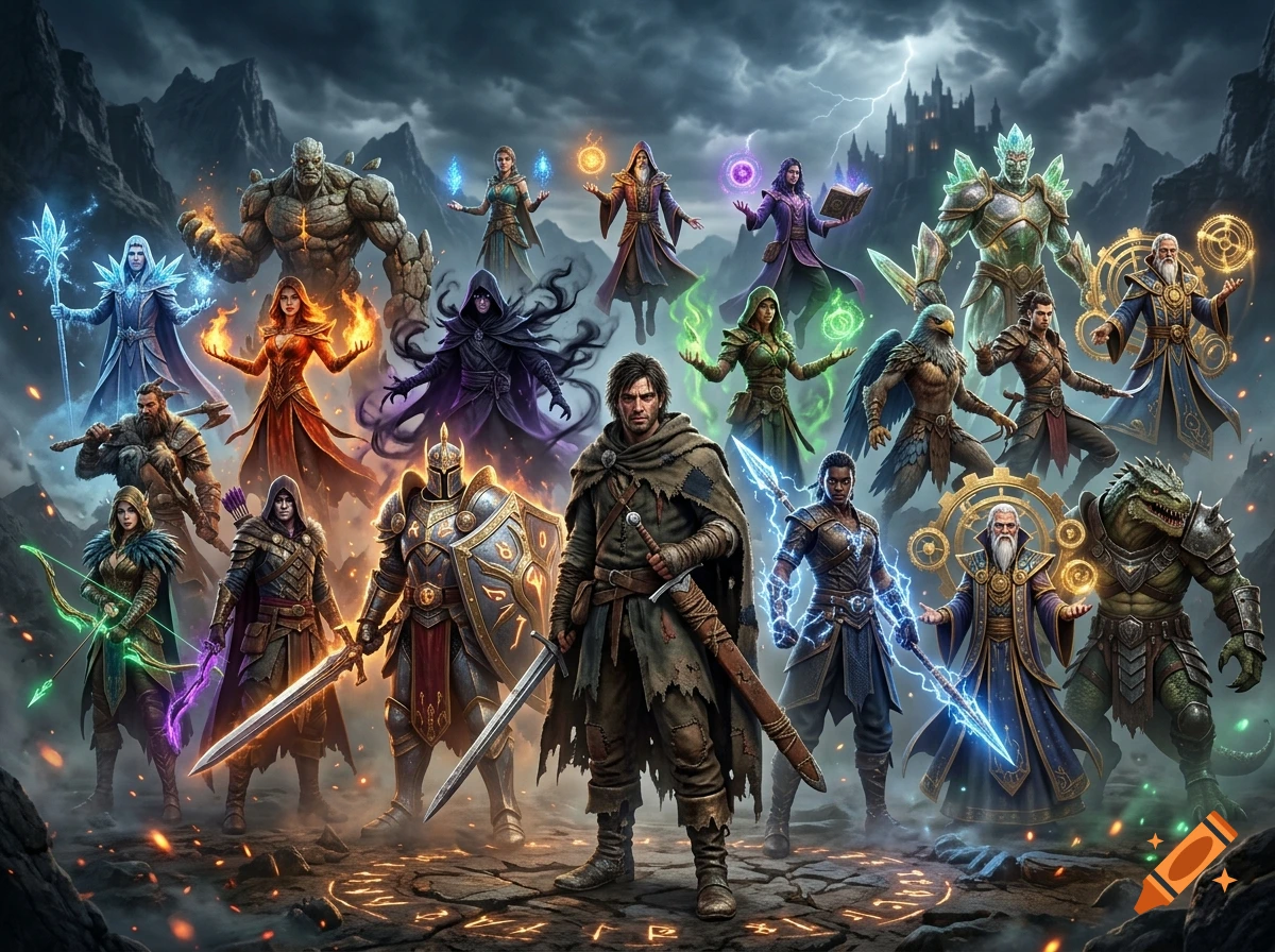 Digital painting of a diverse group of fantasy heroes and magical characters standing together in a rocky landscape.