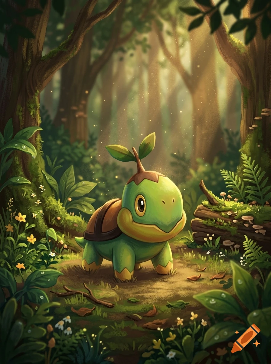 Digital illustration of the Pokémon Turtwig standing in a sunlit forest surrounded by trees, ferns, and small yellow flowers.