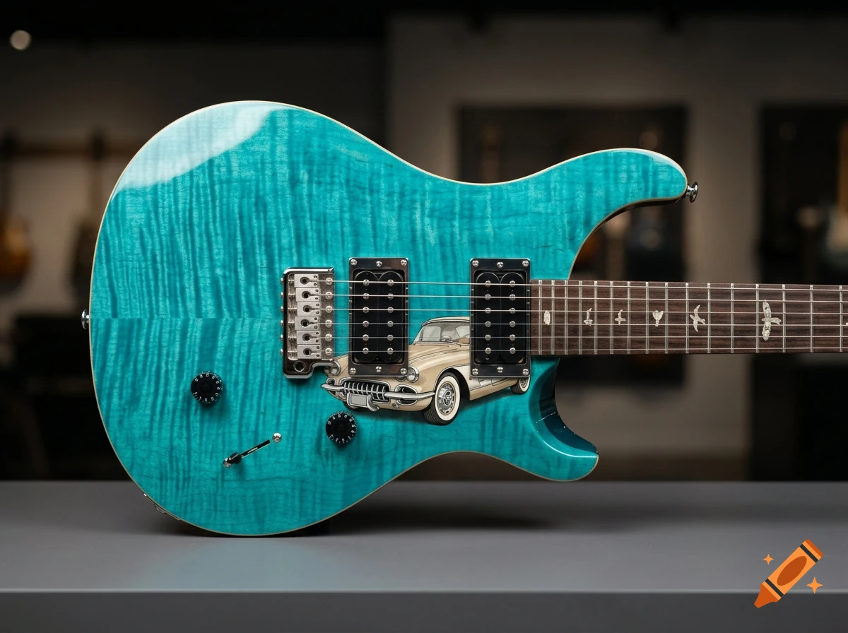 Turquoise flamed maple top electric guitar with a vintage car illustration on the body.
