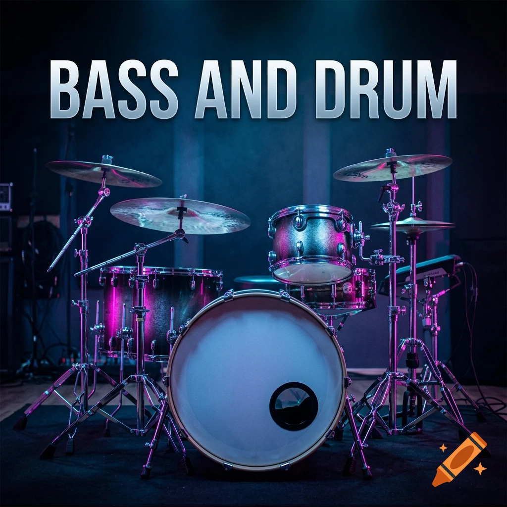 A full drum kit set up on a stage under blue and purple lighting, with text reading 'BASS AND DRUM' above.