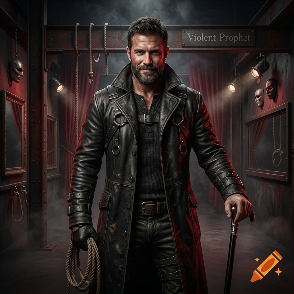 A bearded man in a long dark leather coat holding a coiled rope and a cane inside a dimly lit industrial setting with hanging masks and a sign that reads Violent Prophet.