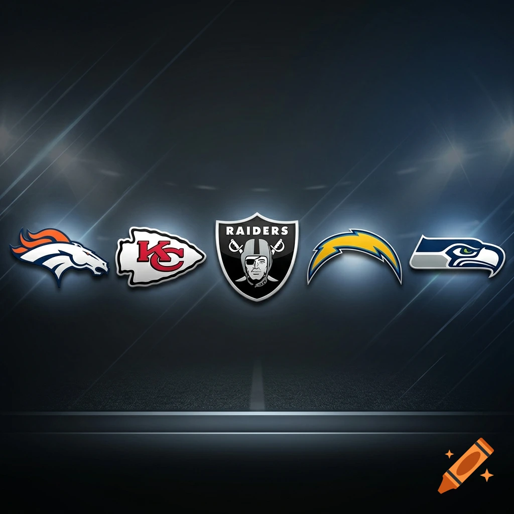 Logos of five NFL teams, including Denver Broncos, Kansas City Chiefs, Las Vegas Raiders, Los Angeles Chargers, and Seattle Seahawks.