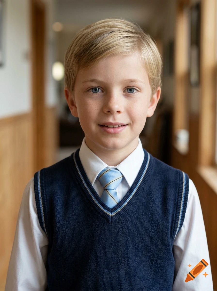 Photorealistic portrait of a young blonde boy with blue eyes, wearing a white shirt, blue-gold bordered sweater vest, and blue tie.