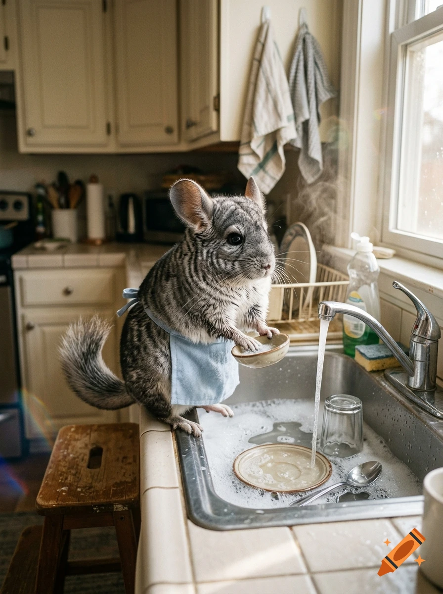 A chinchilla wearing a tiny blue apron stands at a kitchen sink washing dishes with soapy water.