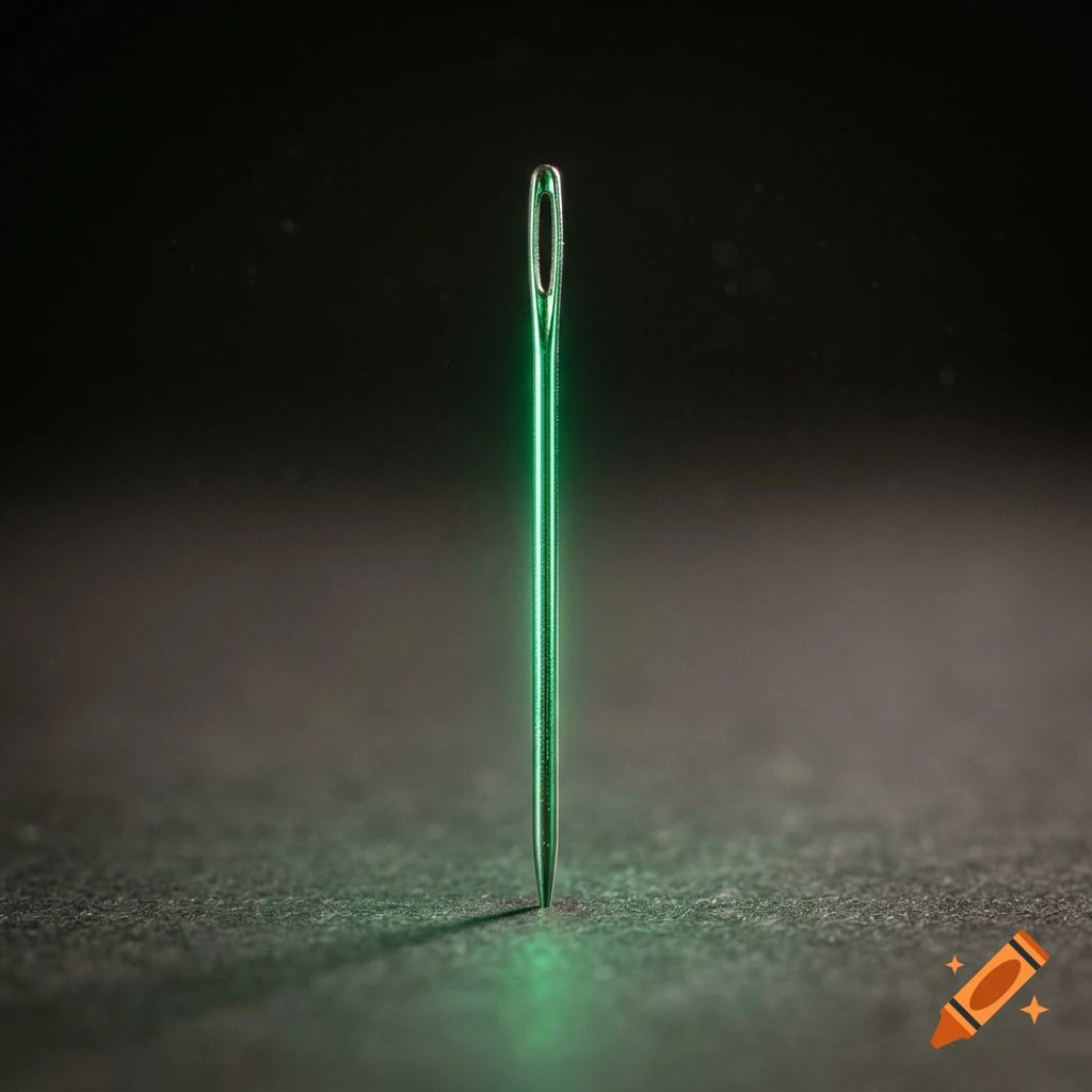 A glowing green sewing needle stands upright on a dark textured surface, casting a subtle green reflection.