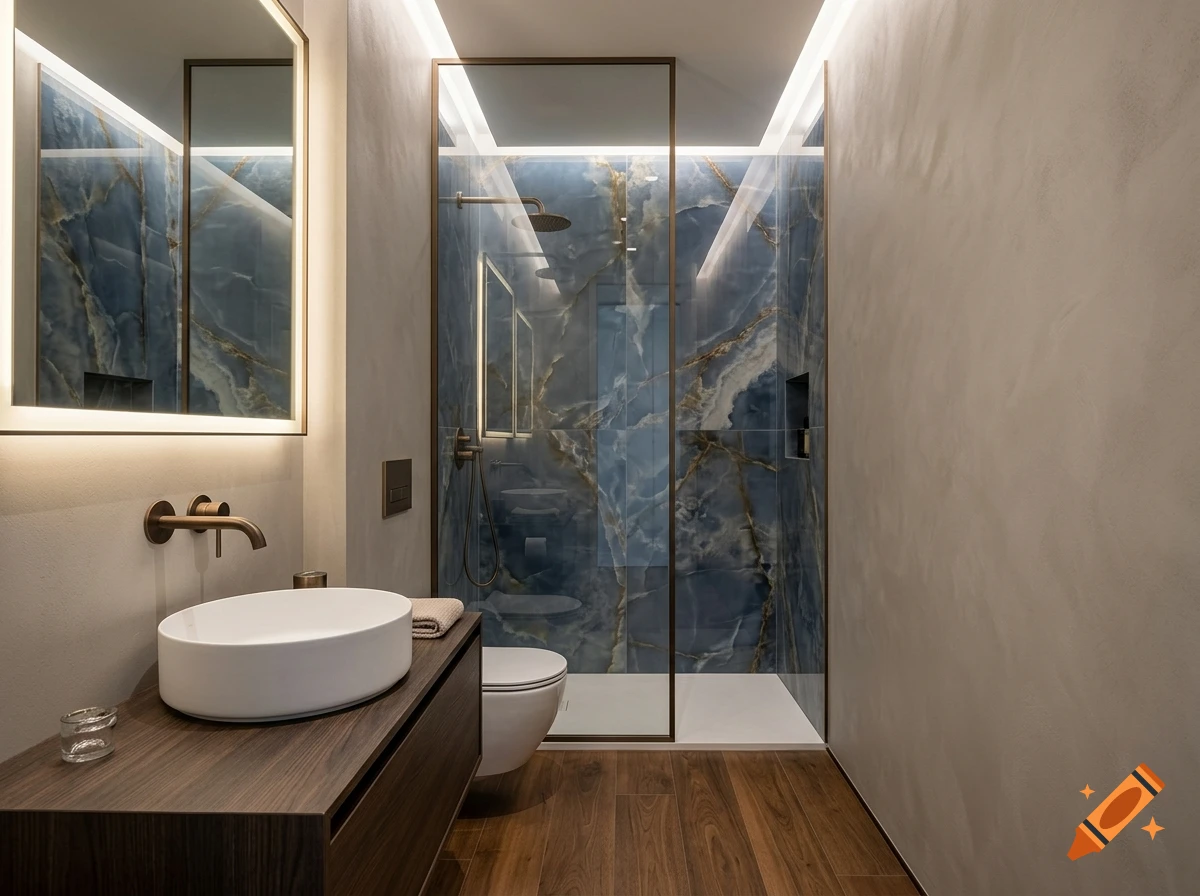 Modern minimalist bathroom interior with blue onyx marble shower walls, wooden vanity, and white vessel sink.
