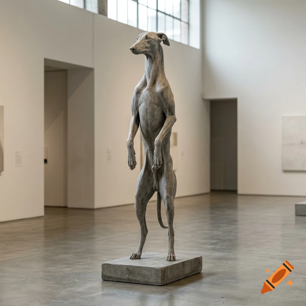 Photorealistic sculpture of a greyhound standing on its hind legs in a modern art gallery.