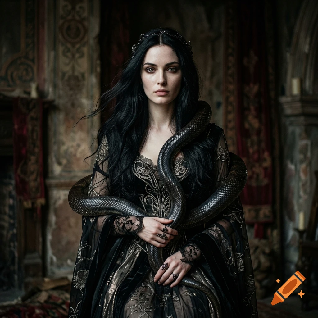 Portrait of a dark-haired gothic woman in a black lace dress with a snake wrapped around her neck, in a dimly lit antique room.