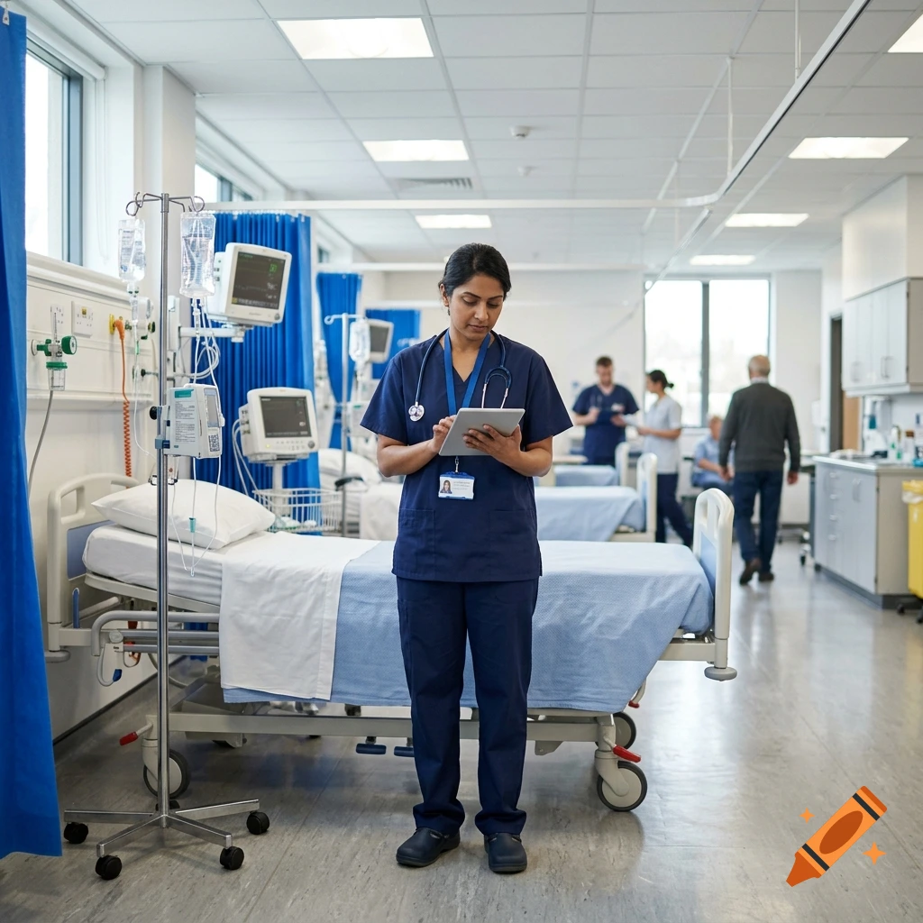 A female nurse wearing blue scrubs holding a tablet in a hospital ward.