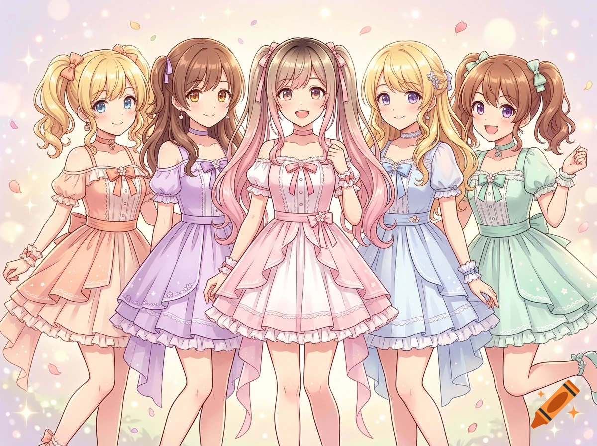Anime illustration of five smiling girls in pastel-colored dresses with ribbons and lace.