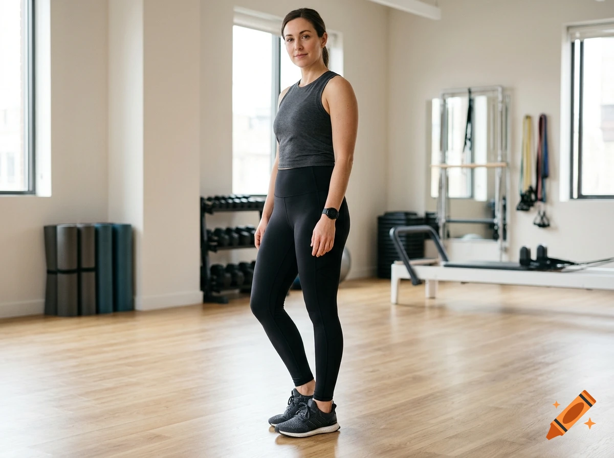 A woman stands in a fitness studio wearing a dark athletic top and leggings.