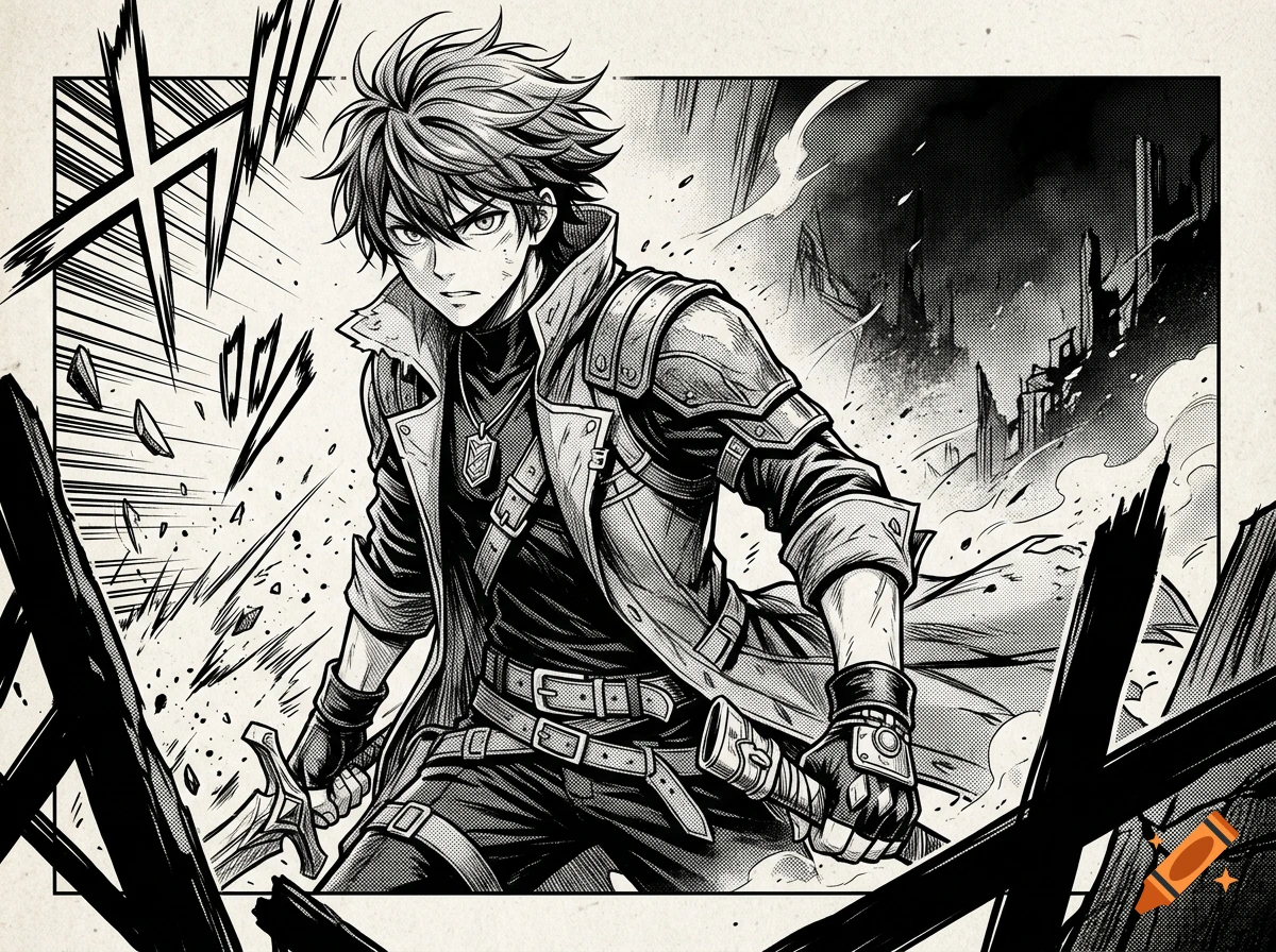 Monochrome manga-style illustration of a determined young male character in tactical gear holding a sword amidst ruined buildings.