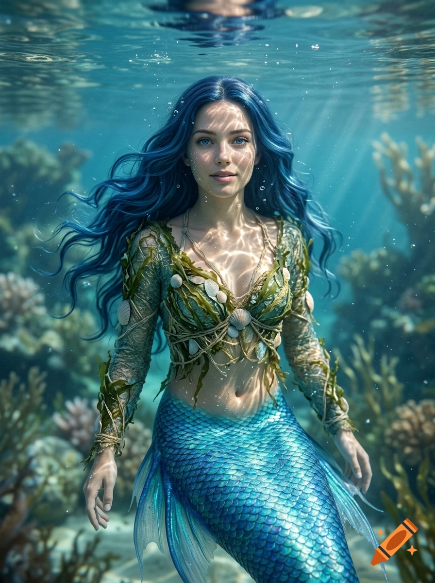 Photorealistic underwater portrait of a young mermaid with long blue hair and a scale tail, wearing a seaweed and shell top.