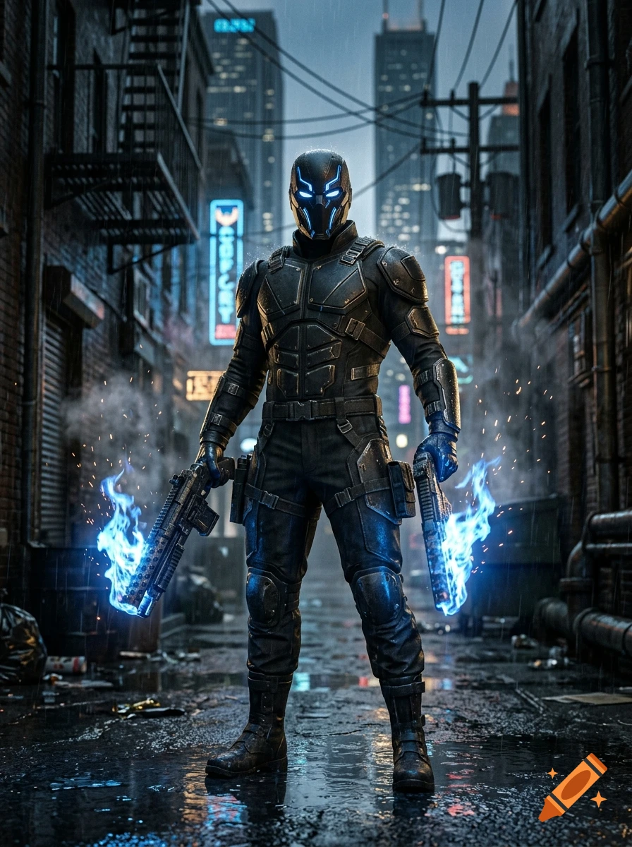 Photorealistic image of a futuristic armored villain standing in a rainy alleyway, holding weapons with blue fire.