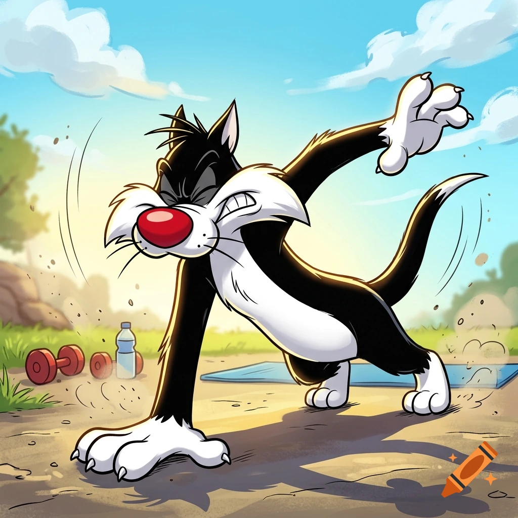 Sylvester the cat doing a one-armed push-up outdoors in cartoon art style.
