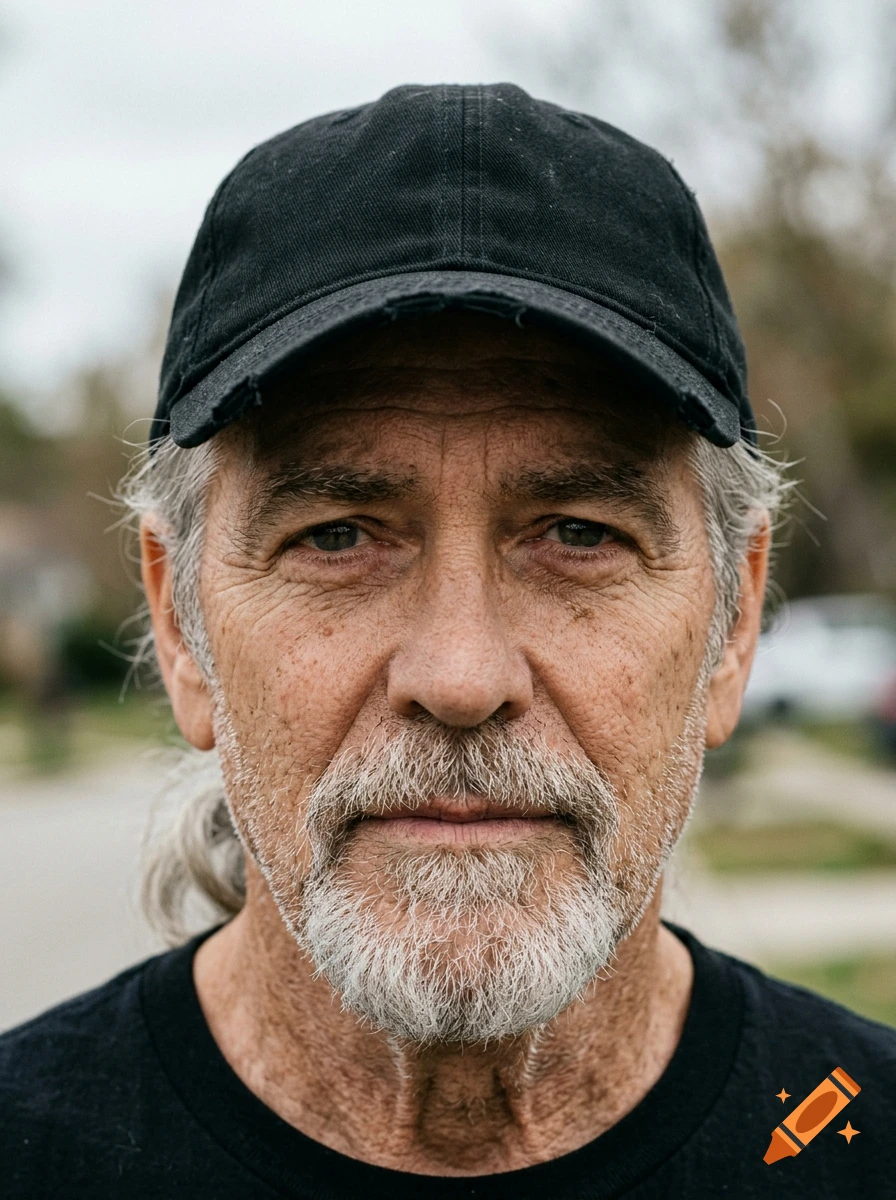Close-up photorealistic portrait of an elderly man with a grey goatee, wrinkles, and a black baseball cap.
