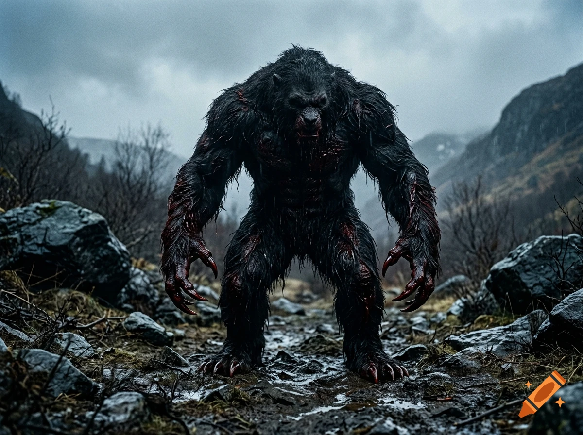 A large, black, furry monster covered in blood standing on a rocky path in a mountainous landscape, photorealistic.