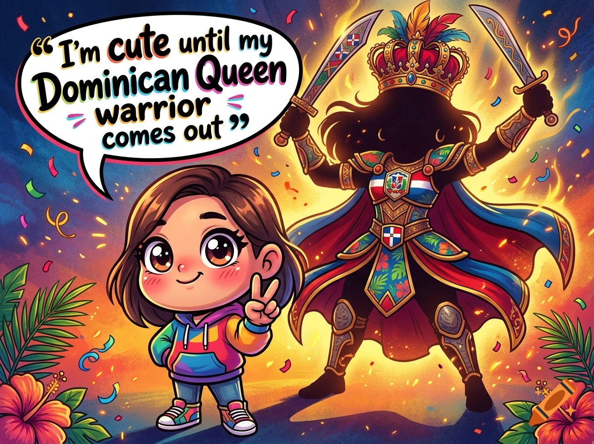 Chibi girl with a peace sign next to her reflection as a Dominican queen warrior with swords and a crown, cartoon style.