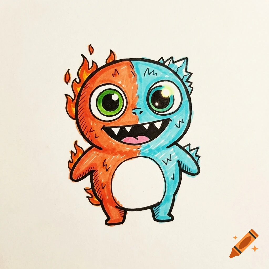 Hand-drawn cartoon illustration of a split-color creature, half orange with flames and half blue with ice, on white paper.