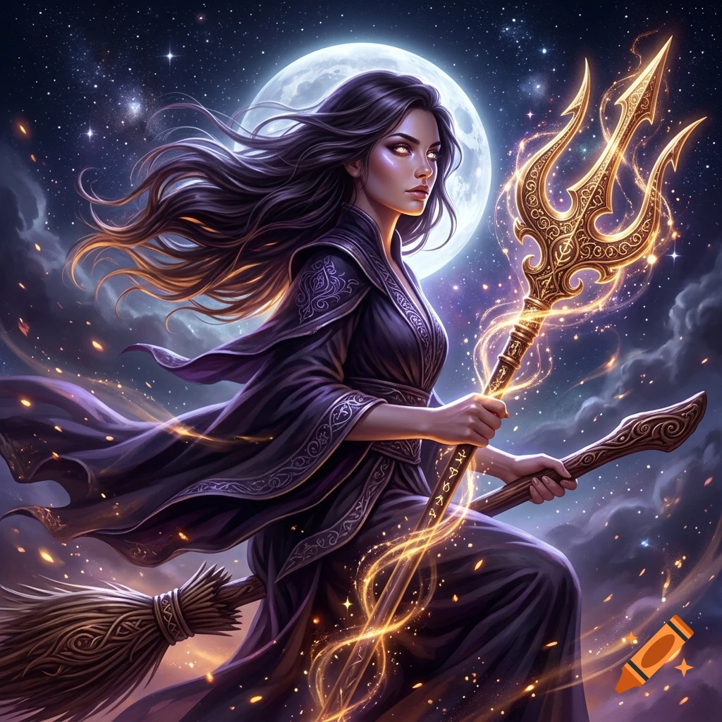 Digital painting of a young witch with glowing eyes and long dark hair, holding an ornate golden trident while riding a broomstick against a starry night sky with a full moon.