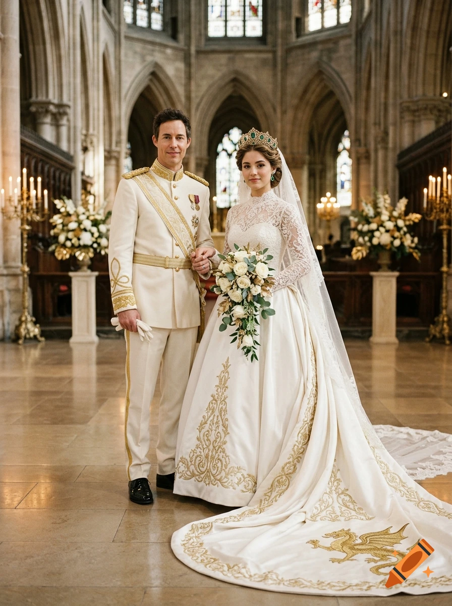 Photorealistic full-body portrait of a royal bride and groom in a cathedral, the bride wearing an ivory lace gown with a gold dragon embroidered train.