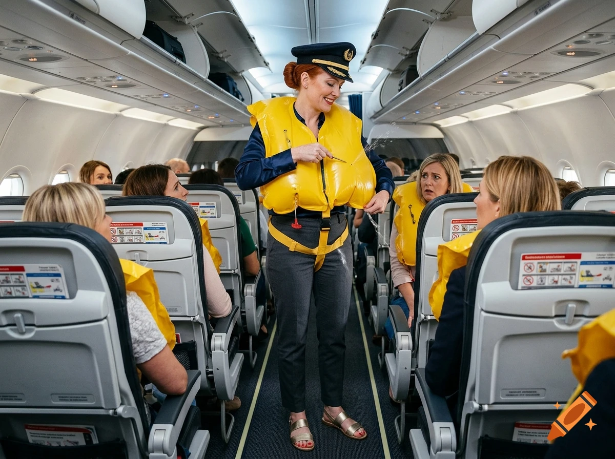 Photorealistic image of a flight attendant in uniform deflating a yellow life vest in an airplane cabin with shocked passengers.