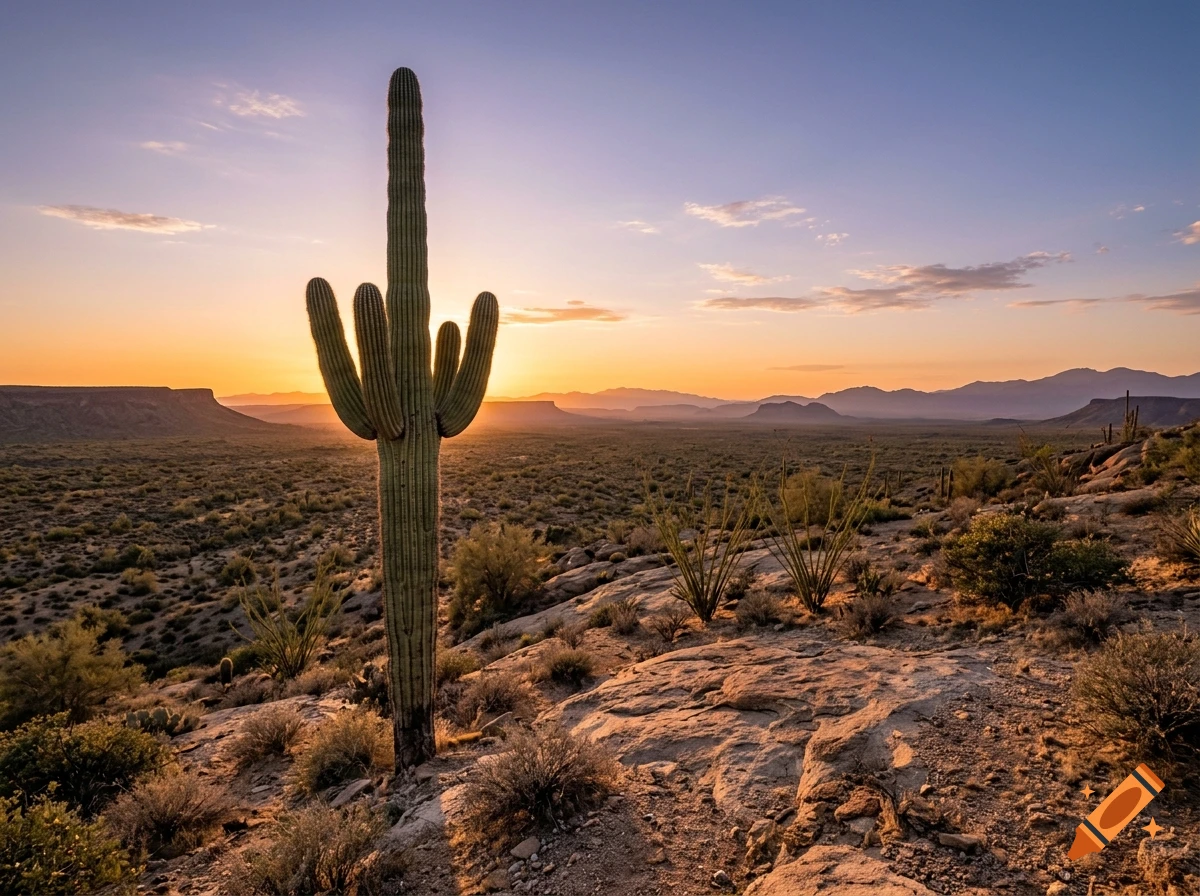 Photorealistic desert landscape at sunset with a tall saguaro cactus in the foreground and mountains in the distance.