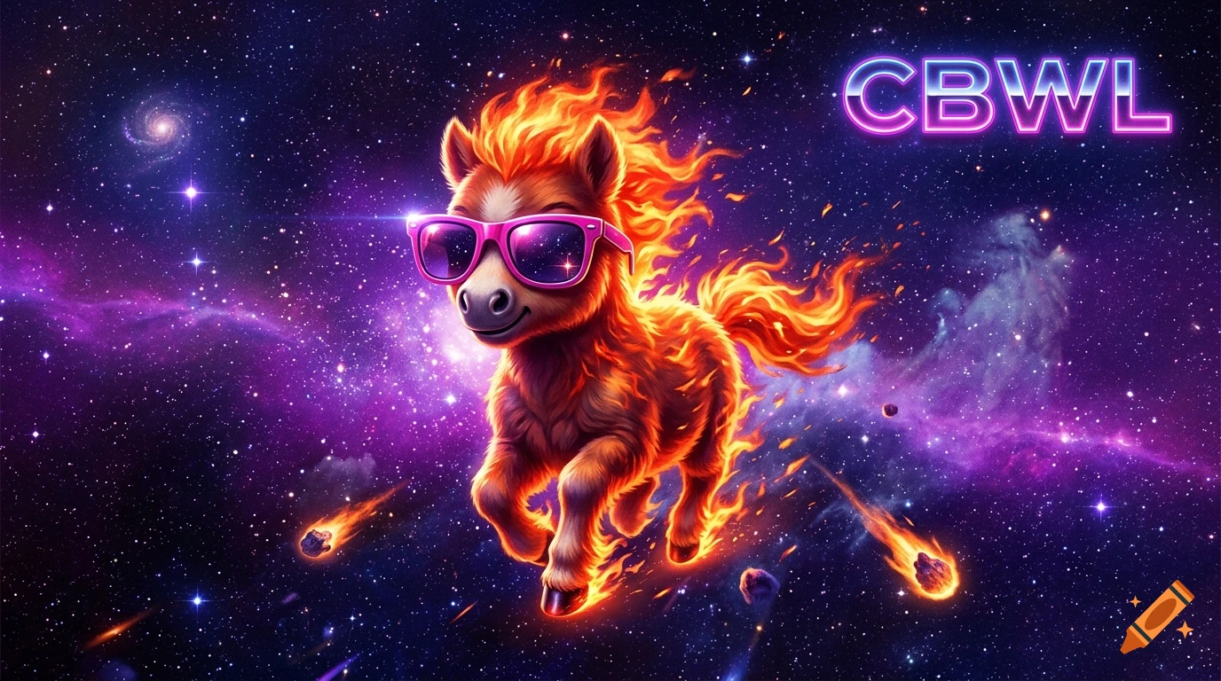 A miniature pony covered in orange and red flames with pink sunglasses, galloping through a cosmic space galaxy with neon text CBWL.