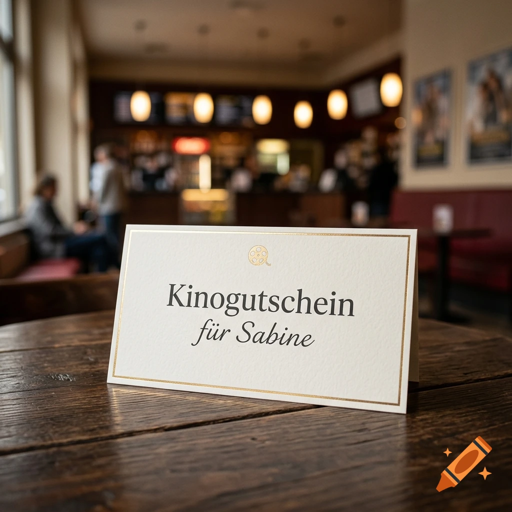 A close-up photorealistic shot of a cinema voucher card on a wooden table in a dimly lit cafe with blurred background.