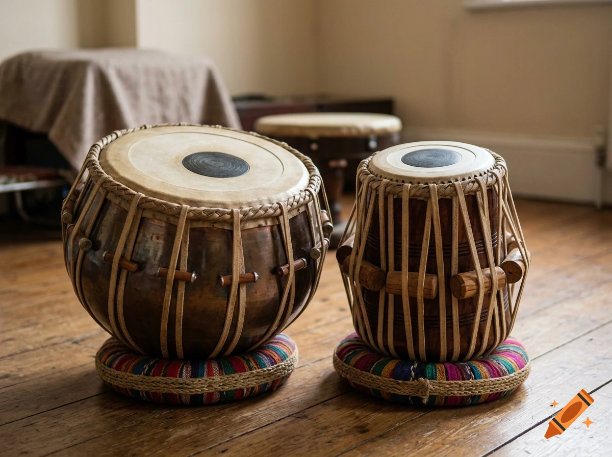 Photorealistic image of a pair of Indian tabla drums resting on colorful circular cushions on a wooden floor.