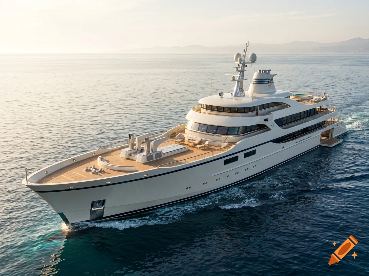 A photorealistic high-angle shot of a large white luxury yacht cruising calmly through the open sea during daytime.