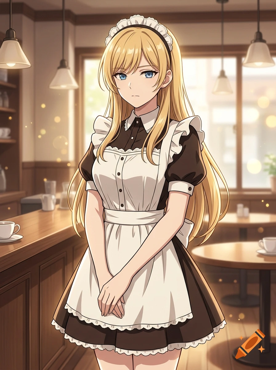 Anime style illustration of a blonde 20-year-old woman in a maid uniform standing in a cafe, not smiling.