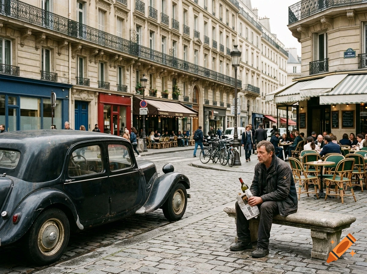 A man sits on a stone bench on a cobblestone European street holding a newspaper and bottle, next to an old vintage car and street-side cafes.
