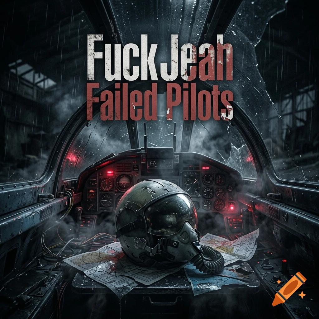 Interior of an aircraft cockpit with a pilot's helmet and maps on the console, under stormy conditions with overlay text reading "Fuck Yeah Failed Pilots".