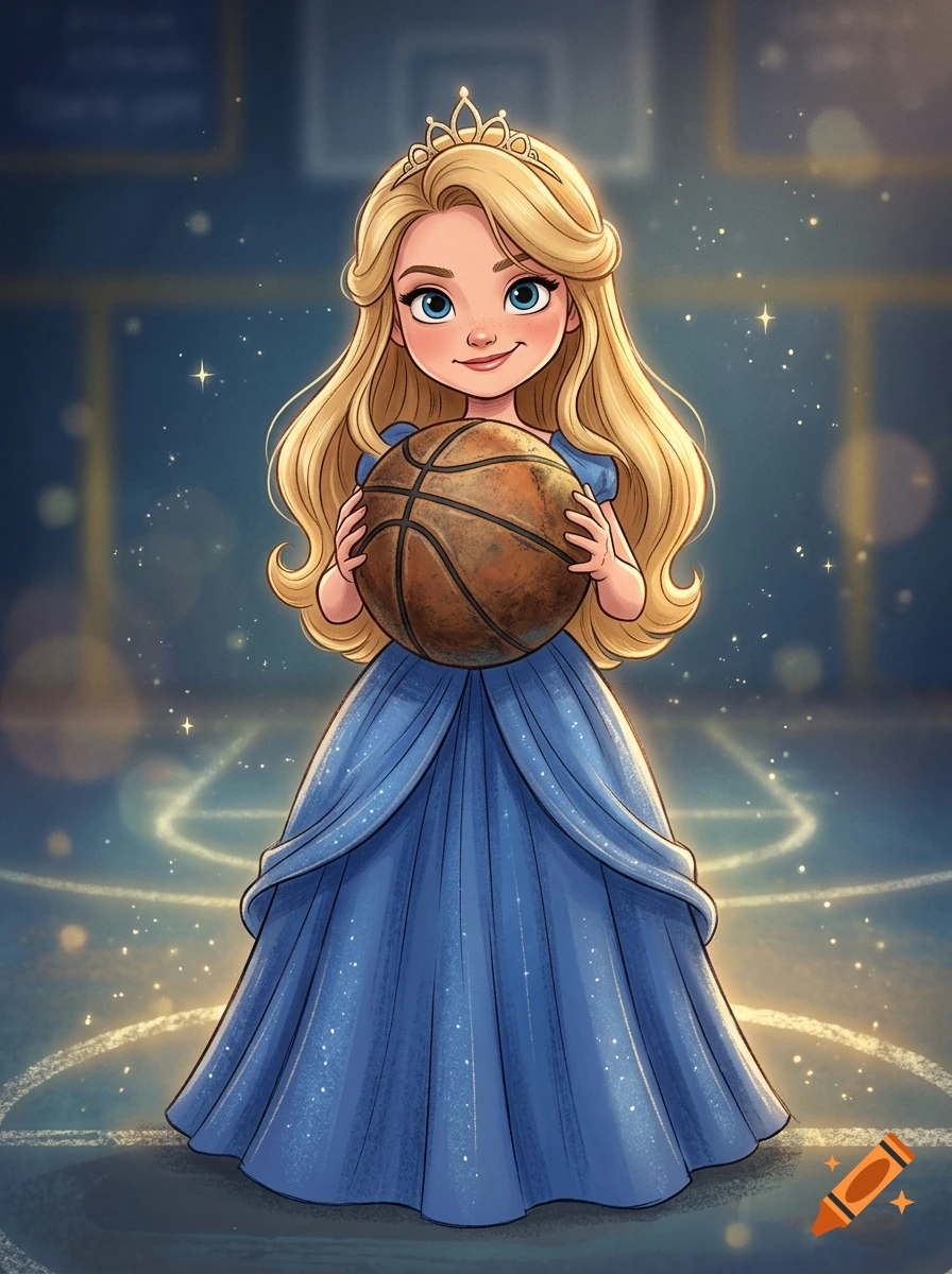 Digital illustration of a young blonde princess wearing a blue gown and a tiara, holding an old basketball.