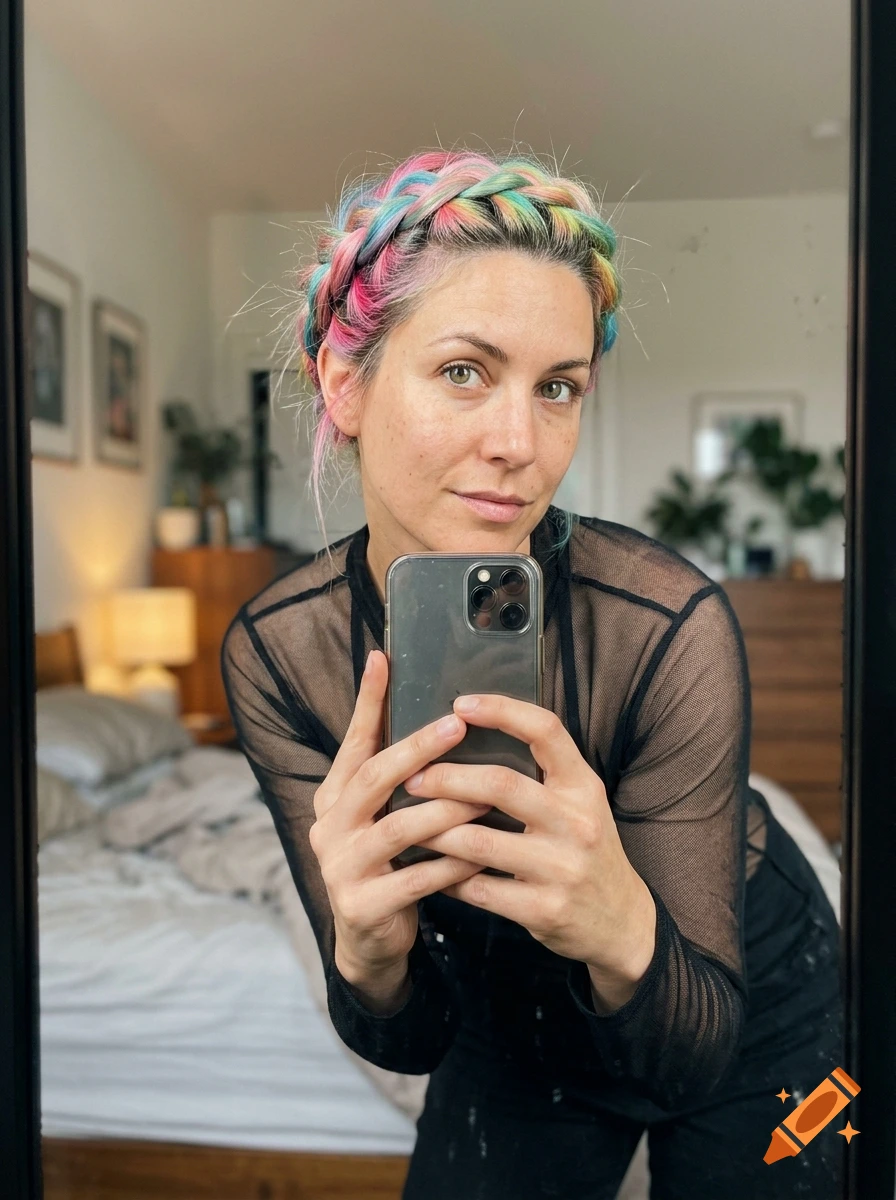 A photorealistic mirror selfie of an adult with vibrant rainbow crown-braided hair and a black mesh top.