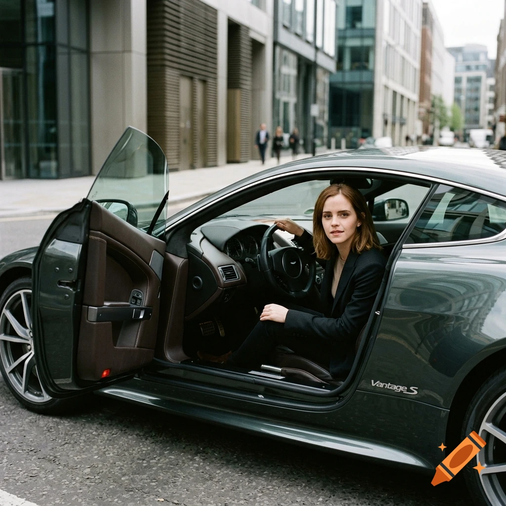 Emma Watson sitting in the driver's seat of a dark green Aston Martin Vantage S with the door open, parked on a city street.