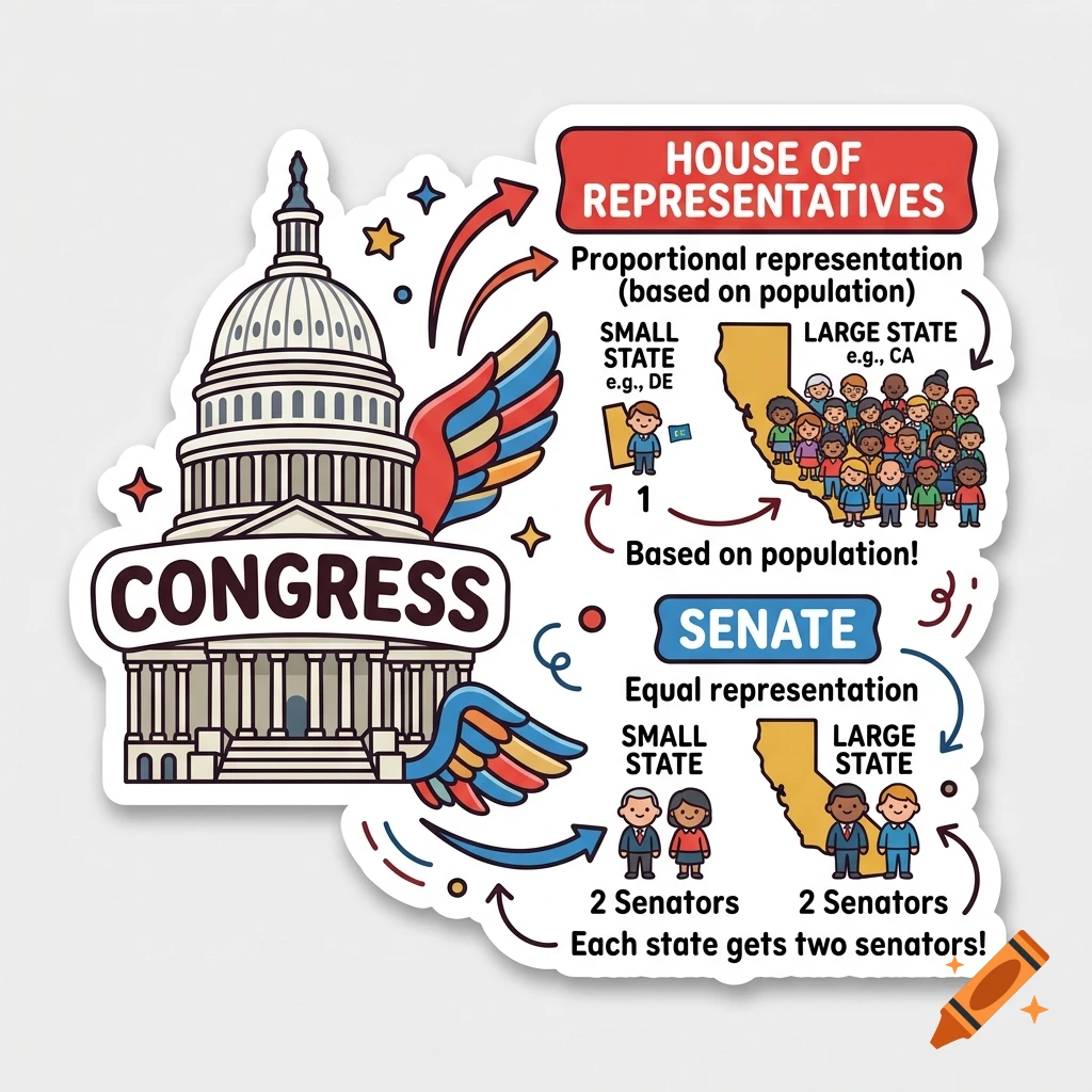 An educational diagram sticker explaining the difference between the House of Representatives and the Senate in the United States Congress, featuring illustrations of the Capitol building, maps of California, and population comparisons.